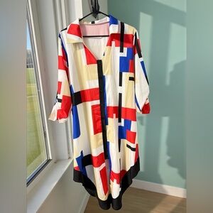 Colorblock Abstract Button-Down Tunic Dress – Red/Blue/Black.  fast 📦
